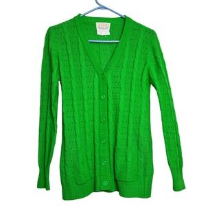 Vintage 70s Cardigan Sweater Womens Medium Green Cable Knit V-Neck Grannycore